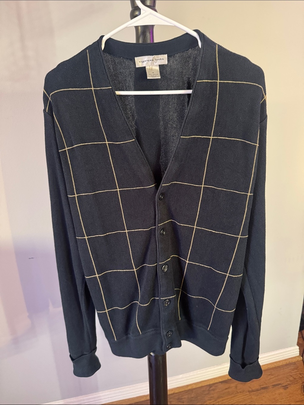 Two-Tone Windowpane Cardigan Sweater - Navy